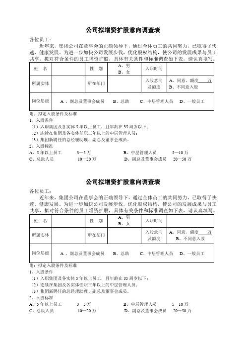 公司拟增资扩股意向调查表