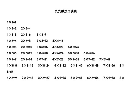 小九九乘法口诀表(可打印)