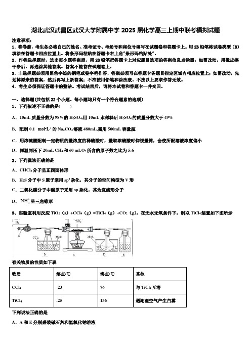 湖北武汉武昌区武汉大学附属中学2025届化学高三上期中联考模拟试题含解析