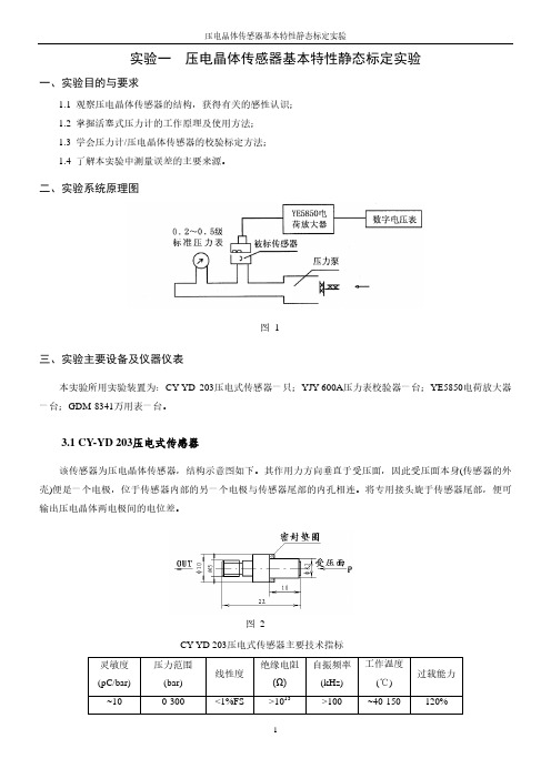 压电晶体传感器基本特性静态标定实验实验一压电晶体传感器