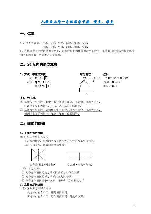 人教版小学一年级数学下册-知识点-重难点归纳总结