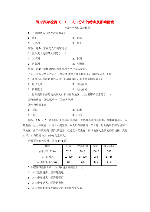 2019-2020学年新教材高中地理 课时跟踪检测(一)人口分布的特点及影响因素 中图版必修第二册