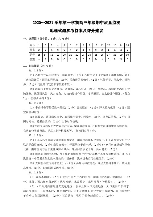 2020高三(上)期中统考地理答案