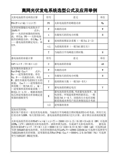 光伏太阳能实用公式举例