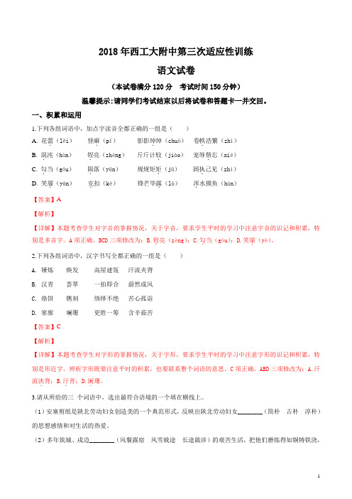 精品解析：陕西省西安市西北工业大学附属中学2018届9年级第三次适应性训练语文试题(解析版)