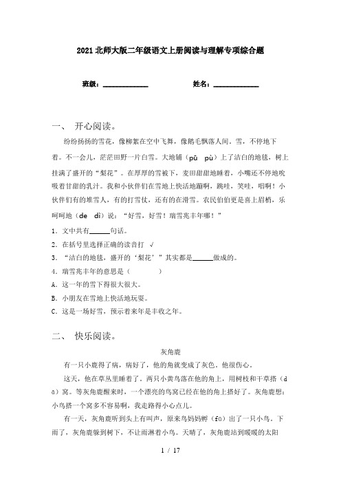 2021北师大版二年级语文上册阅读与理解专项综合题