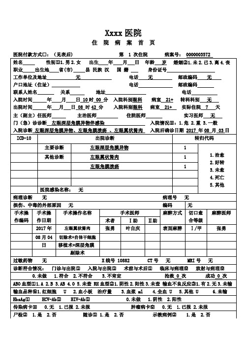 眼科住院病案首页模板