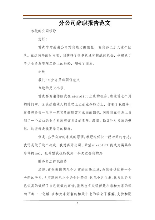 分公司辞职报告范文