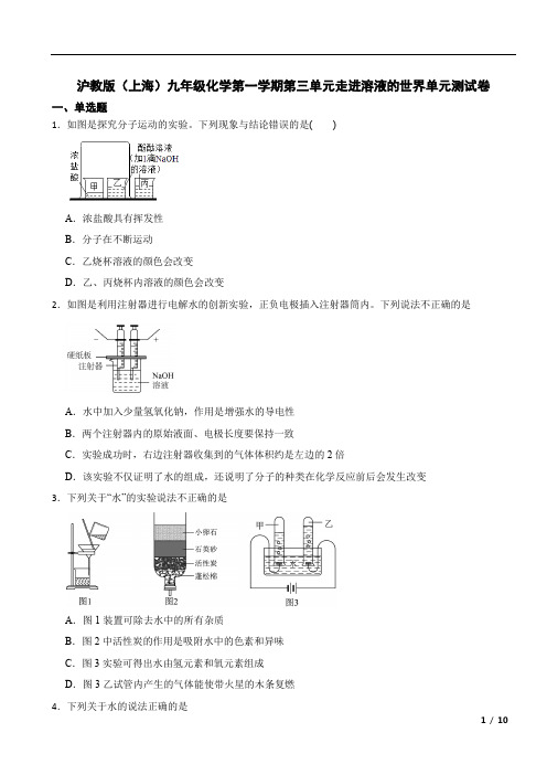 第三单元走进溶液世界单元测试卷-2024-2025学年沪教版(上海)化学九年级第一学期