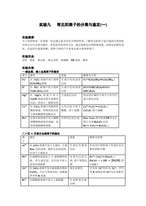 实验九   常见阳离子的分离与鉴定