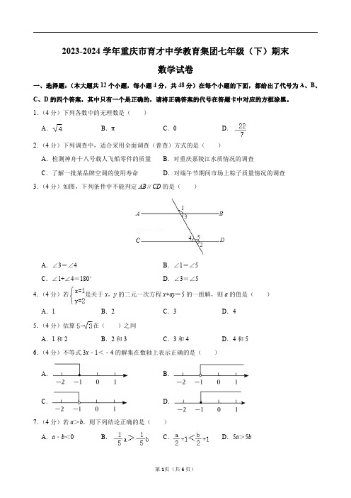 2023-2024学年重庆市育才中学教育集团七年级(下)期末数学试卷及答案解析.