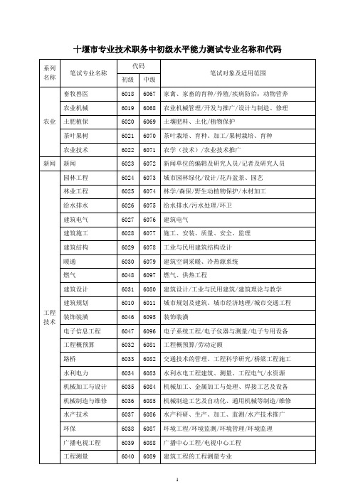 十堰专业技术职务中初级水平能力测试专业名称和代码