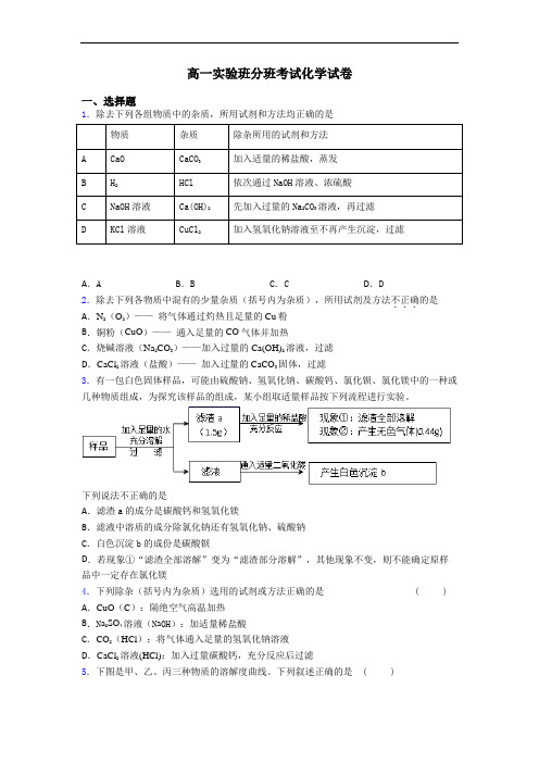 高一实验班分班考试化学试卷