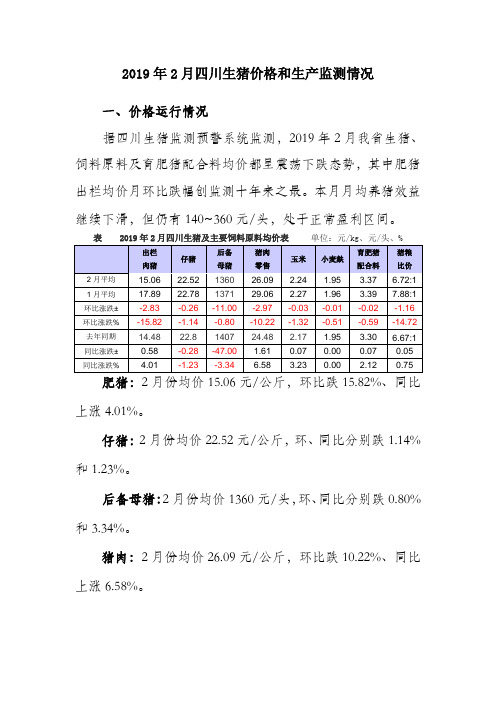 2019年2月四川生猪价格和生产监测情况