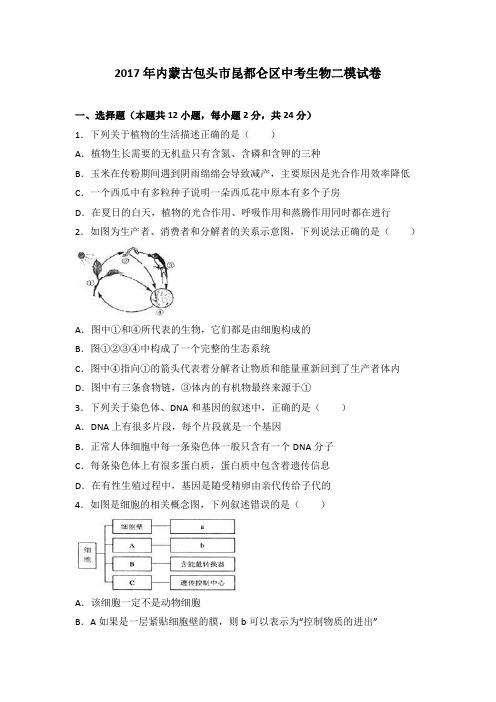 2017年内蒙古包头市昆都仑区中考生物二模试卷(解析版)