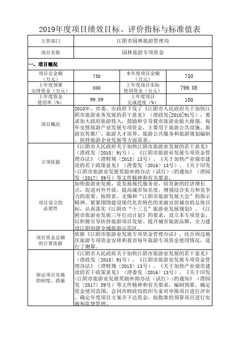 2019年度项目绩效目标、评价指标与标准值表