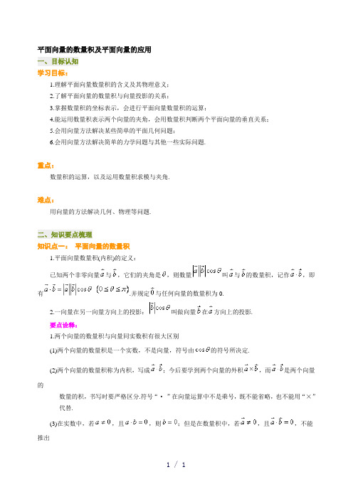 高一必修4平面向量的数量积及平面向量的应用