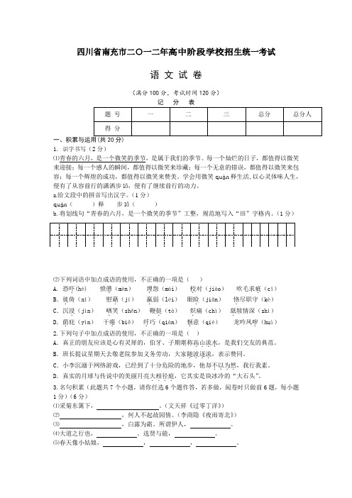 四川省南充市2017年高中阶段学校招生统一考试语文试题