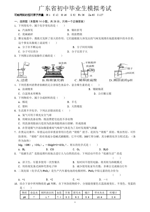 2015广东省中考化学模拟试题及答案