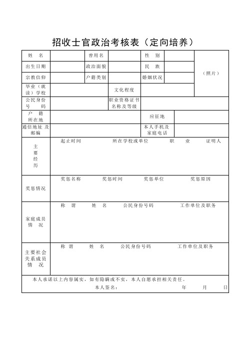 招收士官政治考核表(定向培养)