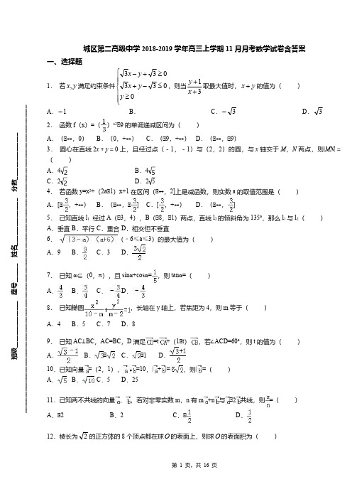 城区第二高级中学2018-2019学年高三上学期11月月考数学试卷含答案(2)