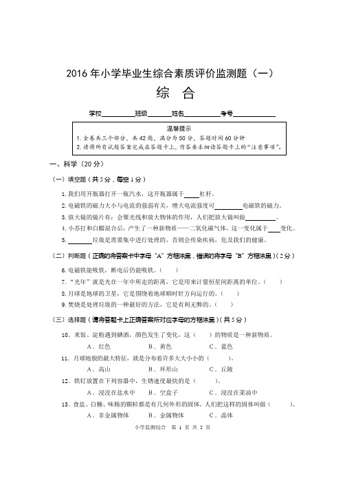 2016小学毕业监测综合真题(一)