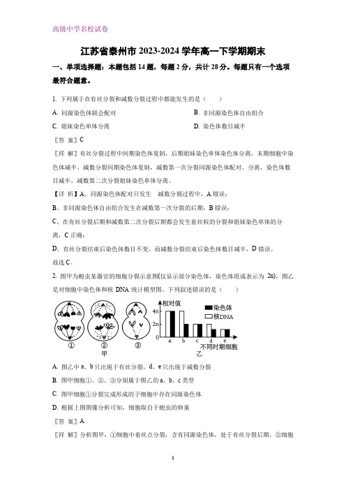 江苏省泰州市2023-2024学年高一下学期期末考试生物试题(解析版)