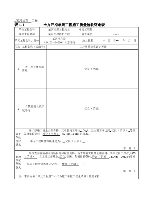 土方开挖单元工程施工质量验收评定表