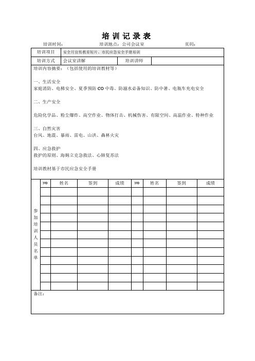 安全月宣传教育、市民应急安全手册培训记录表