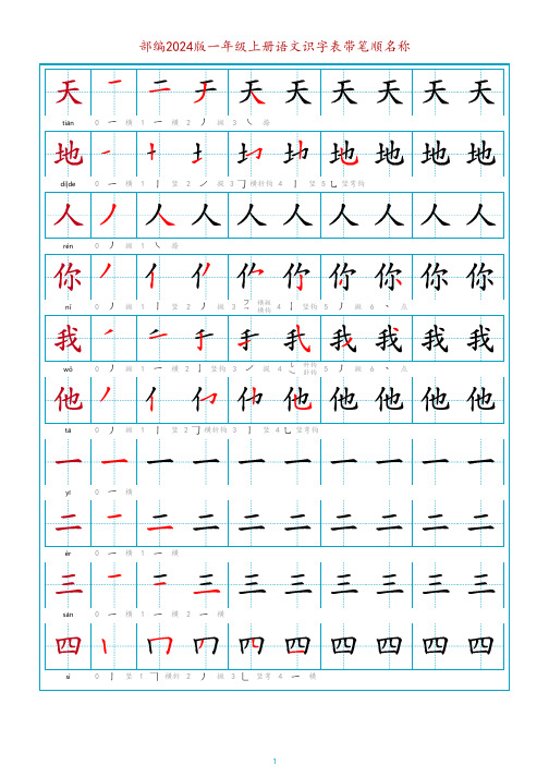 部编2024版一年级上册语文识字表带笔顺名称