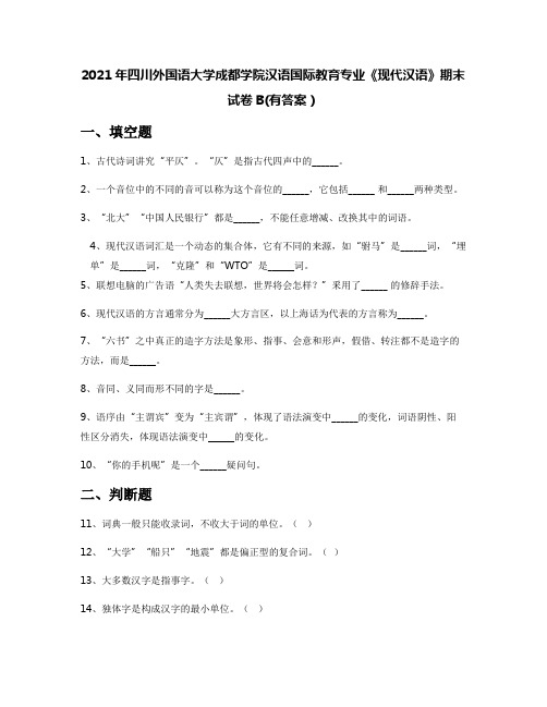 2021年四川外国语大学成都学院汉语国际教育专业《现代汉语》期末试卷B(有答案)