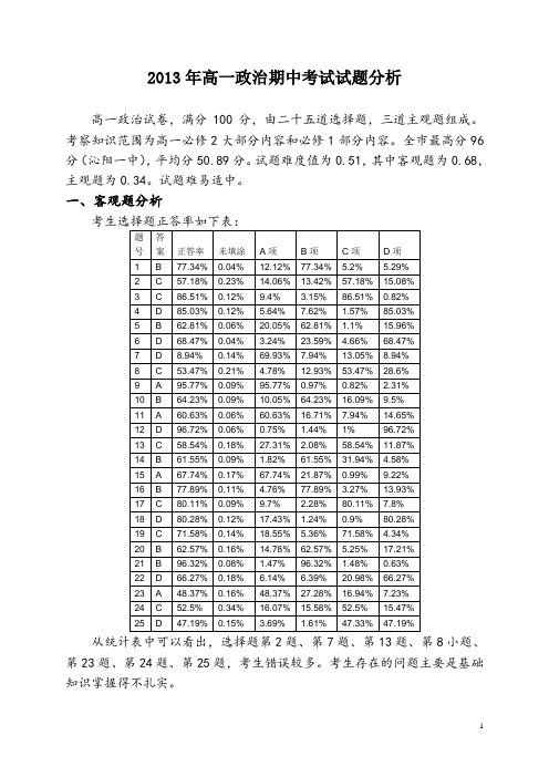 2013年高一政治期中考试试题分析