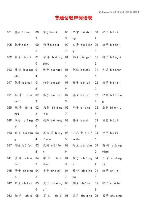 (完整word版)普通话考试轻声词语表