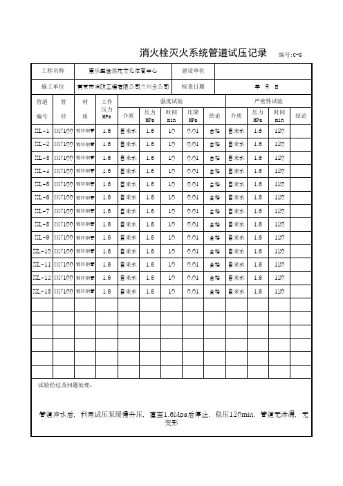 消火栓灭火系统管道试压记录