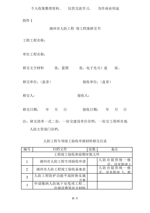 湖州市人防工程竣工档案移交书