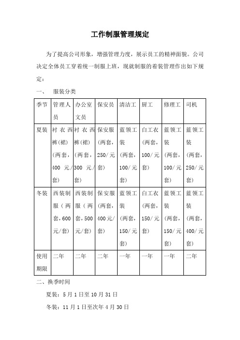 HR实用规章制度之工作制服管理规定