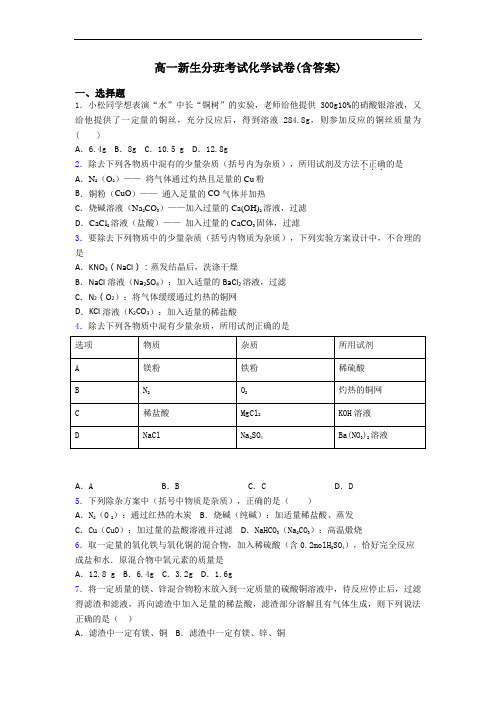 高一新生分班考试化学试卷(含答案)