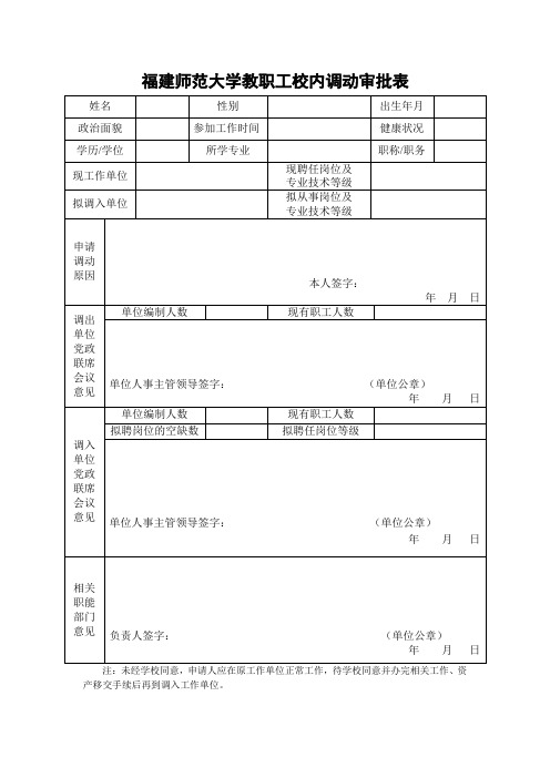 福建师范大学教职工校内调动审批表