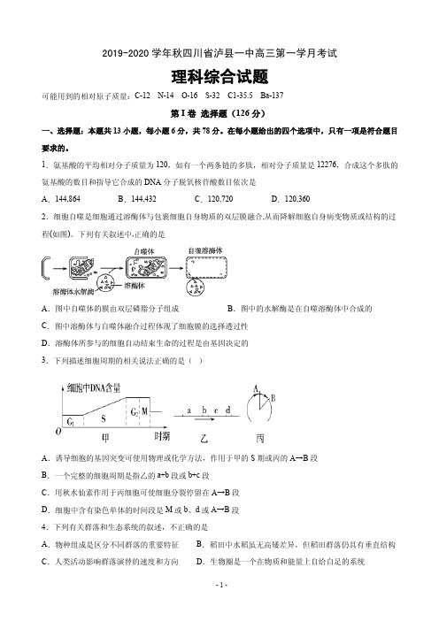 2020届四川省泸州市泸县第一中学高三上学期第一次月考理科综合试题(PDF版)