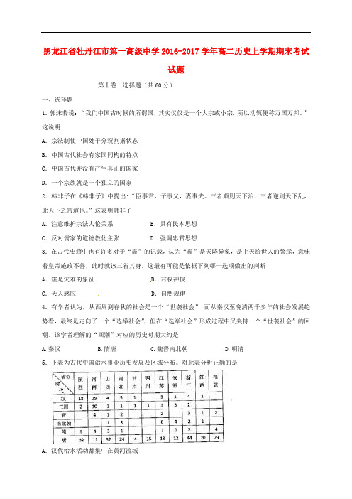 黑龙江省牡丹江市第一高级中学高二历史上学期期末考试试题