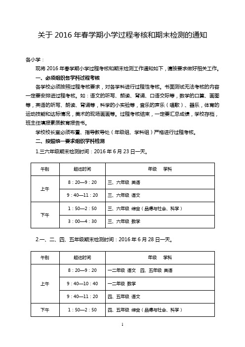 关于2016年春学期小学过程考核和期末检测的通知