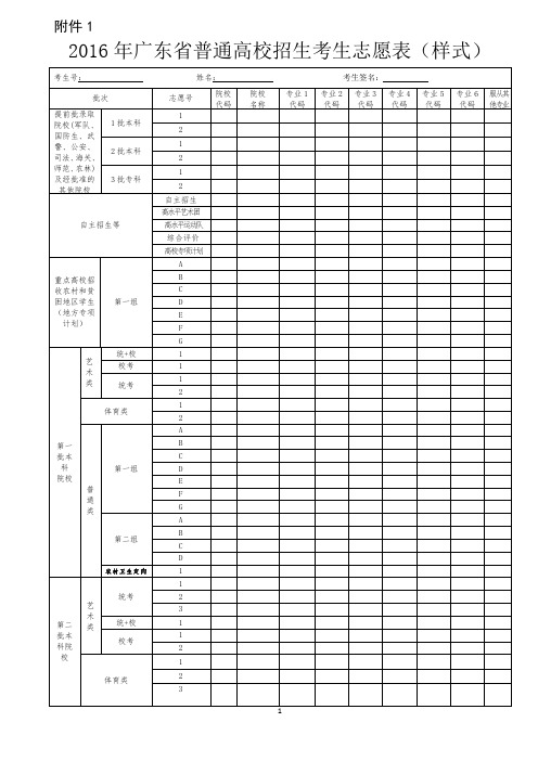 2016年广东普通高校招生考生志愿表样式