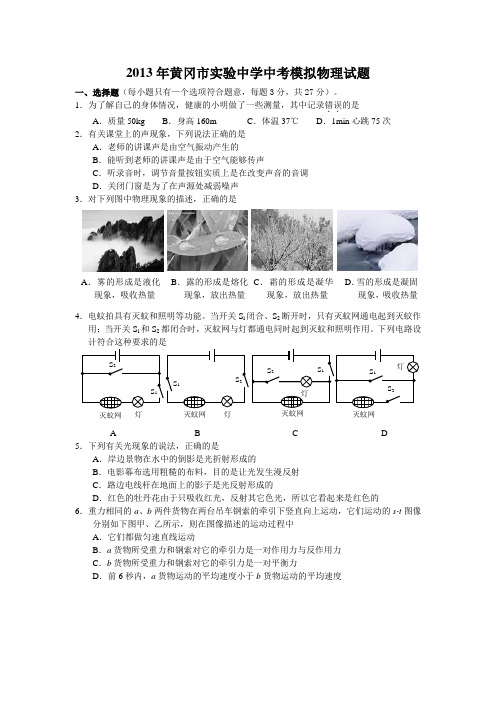 2013年黄冈市实验中学中考模拟物理试题