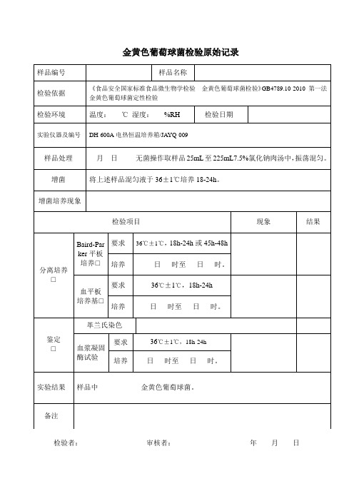 63金黄色葡萄球菌检验原始记录