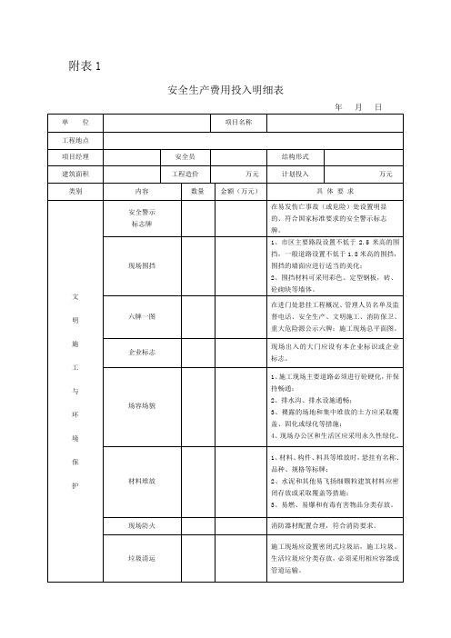 安全生产费用投入表格