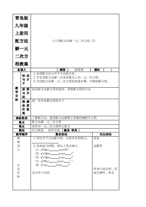 青岛版九年级上册用配方法解一元二次方程教案