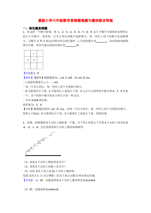 最新小学六年级数学易错题难题专题训练含答案