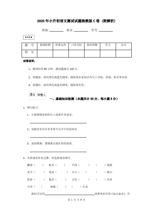 2020年小升初语文测试试题湘教版C卷 (附解析)