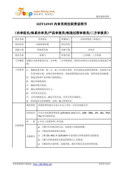 IATF16949内审员岗位职责说明书