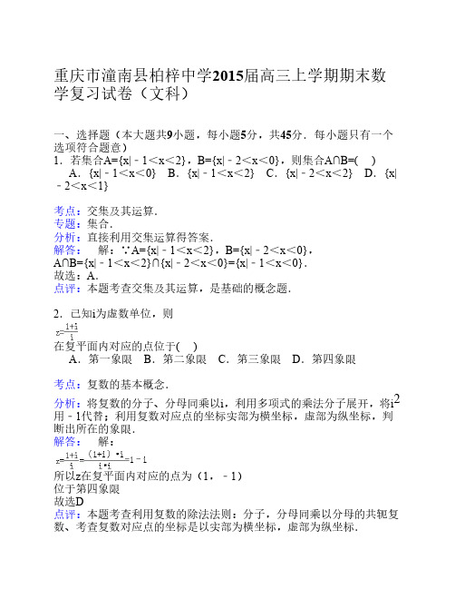 重庆市潼南县柏梓中学2015届高三上学期期末考试复习数学(文)试卷